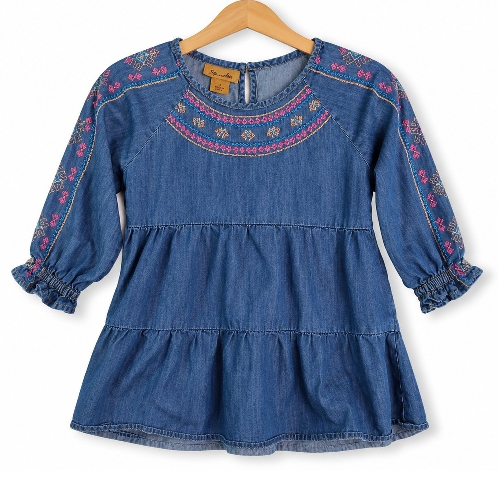 Wrangler Denim Tunic Girls M Embroidered Tiered Puff Long Sleeve Western Cowgirl